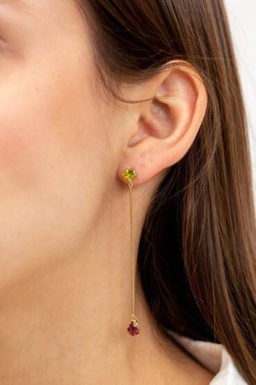 14K Gold Earrings set with Green Sapphire and pink tourmaline stones