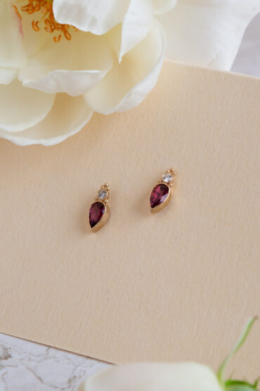 14K Gold Earrings set with Diamonds and Pink Tourmaline - Image 2