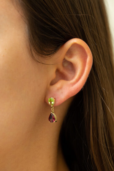 14K Gold Earrings set with Tourmaline and Peridot Stones - Image 2