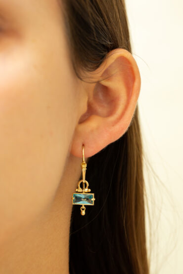 14K Gold Earrings set with Blue Topaz Stones - Image 2